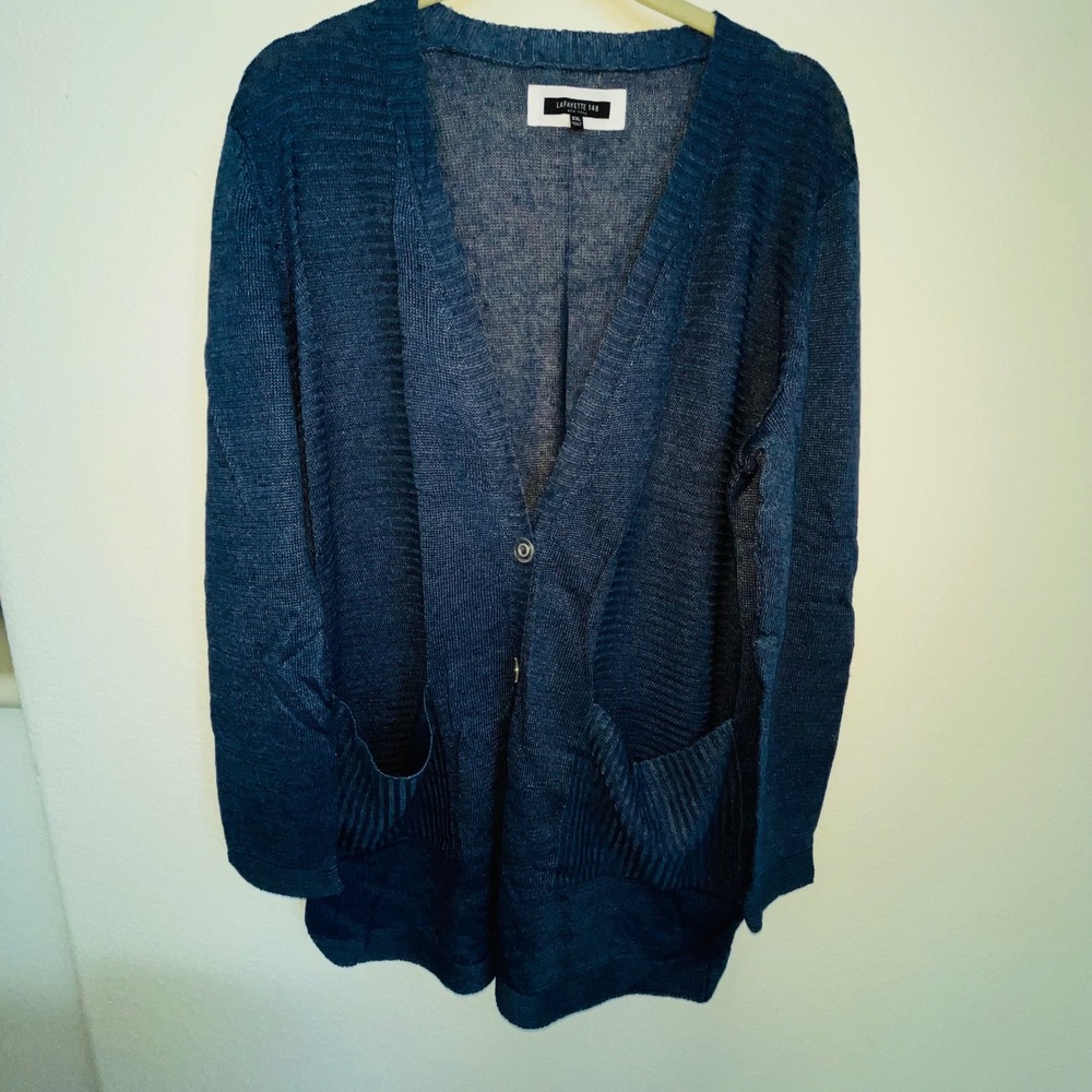 Lafayette 148 New York 100% Hemp V-Neck Button Cardigan Sweater Size XXL Blue